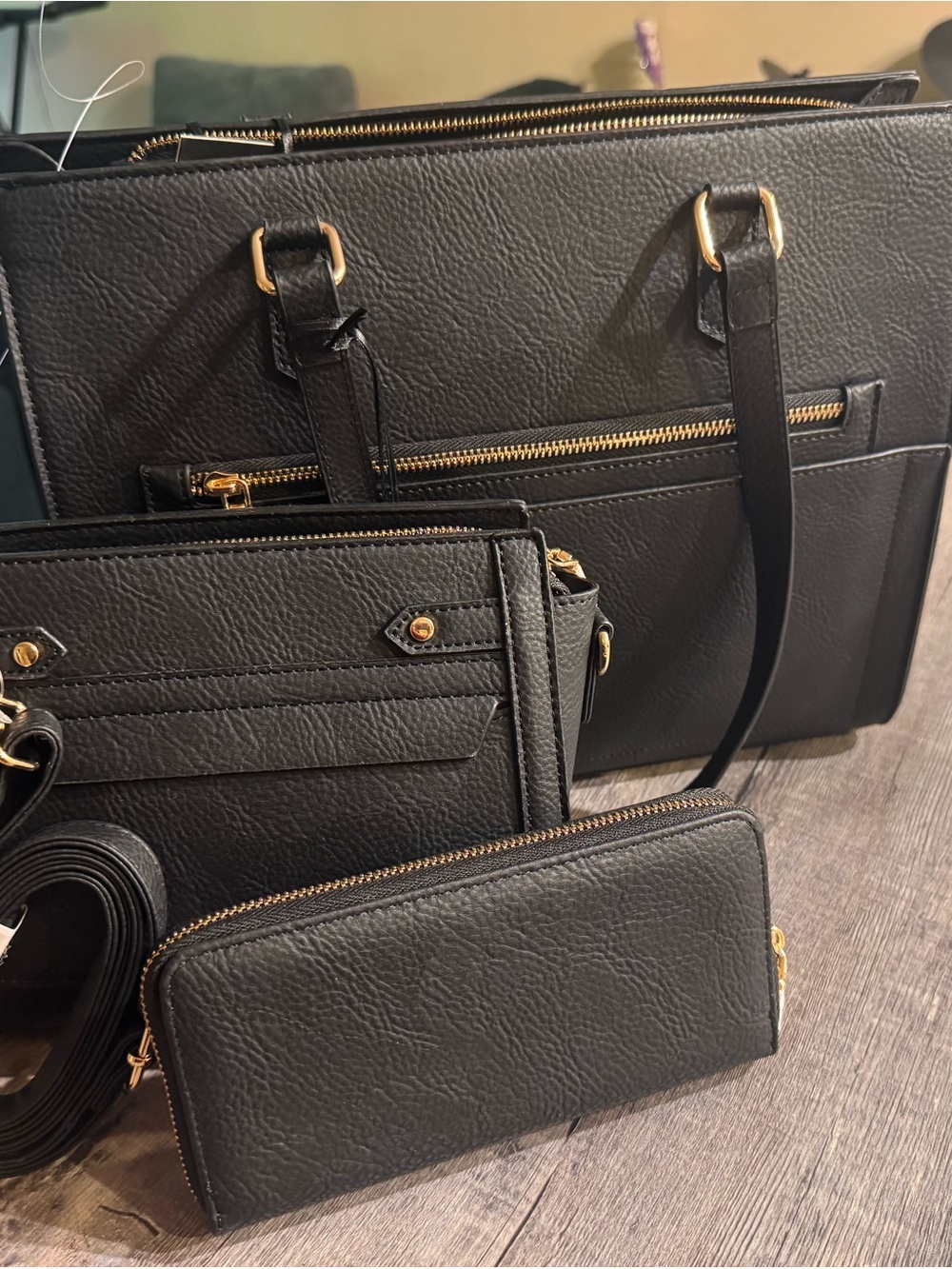 Black Faux Leather Tote Bag Set with Wallet and Crossbody